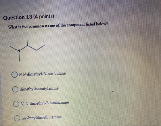 Question 13 (4 points) What is the common name of the compound listed below? N,N-dimethyl-N-sec-butane dimethylisobutylamine