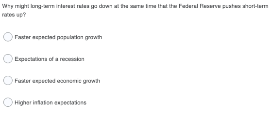 Why might long-term interest rates go down at the same time that the Federal Reserve pushes short-term rates up? Faster expec