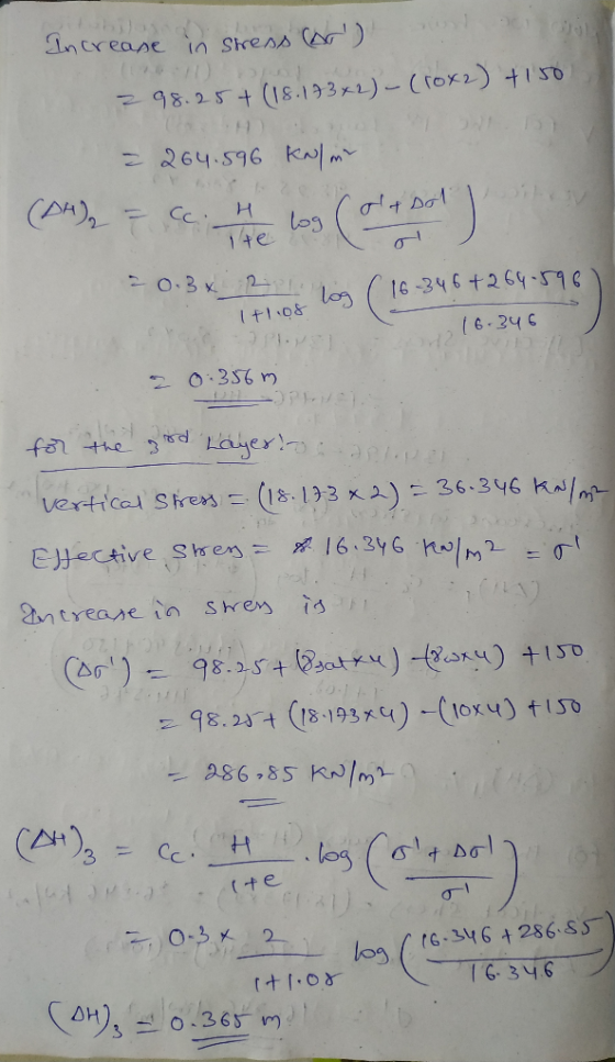 Increase in stress (AT) 298.25+ (18.17 342) -(10x2) +150 Z 98.257 = 264.596 kN/m (AH)₂ = cc. H log (olt bol ) 20.3 x 20l (16-