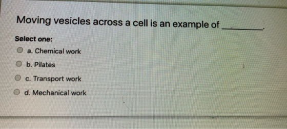 Moving vesicles across a cell is an example of Select one: 0 a. Chemical work b. Pilates c. Transport work d. Mechanical work