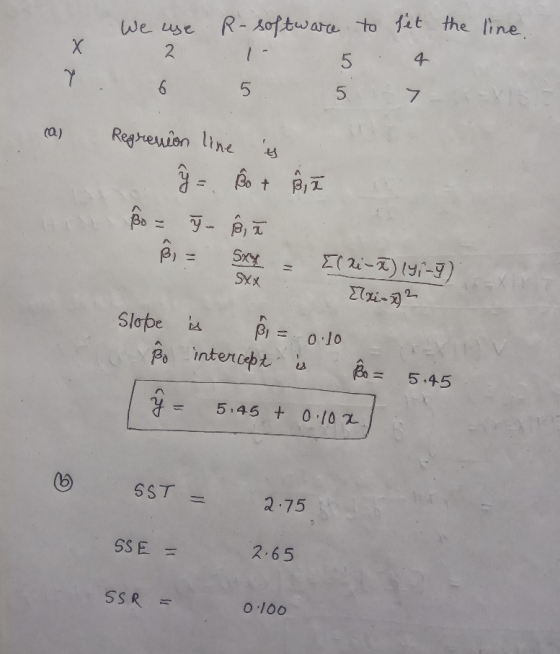 Х We use 2. R-software to let the line 5 4 6 5 5 7 (a) Regresion line is + 2 Bo @ j , Sxy Sxx El 22-191-9) Elxi- x 2 is Slope