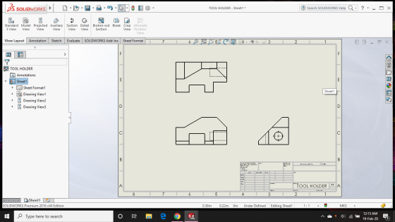 35 SOLIDWORKS 0- 9.9.9.1-6 TOOL HOLDER - Sheet1 * Search SOLIDWORKS Help Q- ?- - O X Standard Model Projected Auxiliary Secti