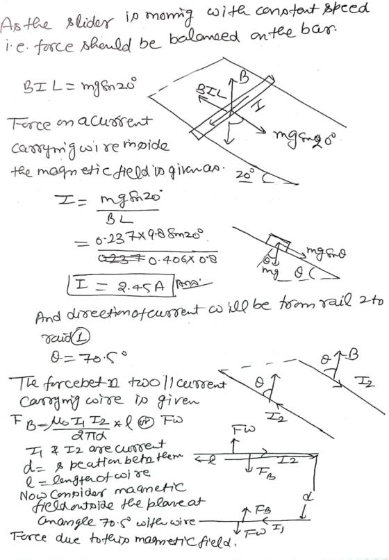 As the slider is morning with constant speed i e. force should be balanced on the bar BI L= my en 20 BIY mgongo Force on acur