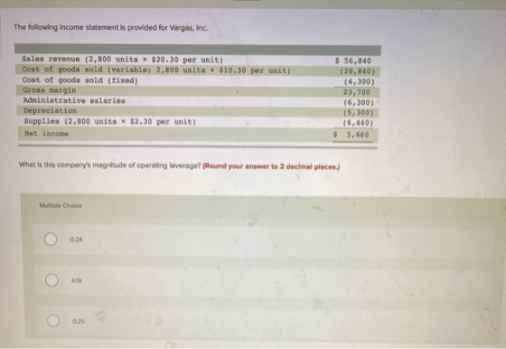 The following Income statement is provided for Vargas, Inc. Sales revenue (2,800 units * $20.30 per unit) Cost of goods sold