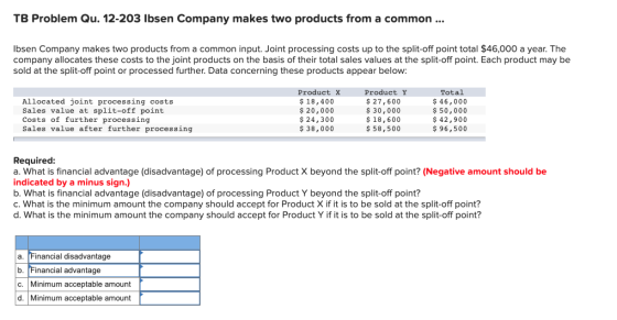 TB Problem Qu. 12-203 lbsen Company makes two products from a common... lbsen Company makes two products from a common input.