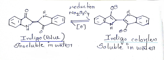 Meduction Na2S₂Oy [0] Indigo (Blue) Insoluble in water . Indigo coloylen Soluble in water