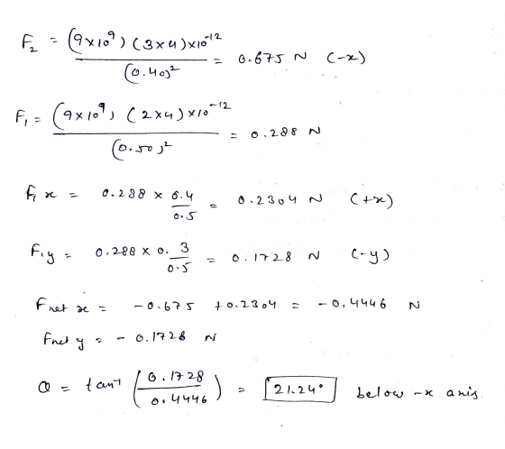 งา ) 6.675 N (-x) (9x10²) (3x 4 )x1012 (0.4072 F,= (4x10 (2x4) *10-12 (0.70 0.288 N re 0.288 X 0.4 0.2304 N (+) = کی ۵۰ Fiy