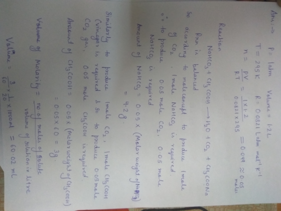 RT o 082 x295 Readion no acardiny to male concept to pre duce mel o duce (male 어Co 。。。 to podu ce 0.05 mole CO2, 0.05 made 2 Sinilar ly to produce mele Co, Imele Cug CooMt velurnu 어 Solntion in litre Volume- co-x20x1roonl = 60.02 mL