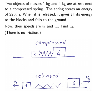 Two objects of masses 1 kg and 4 kg are at rest next to a compressed spring. The spring stores an energy of 2250 j. When it i