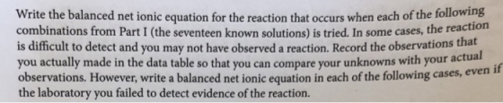 ett wine . kulebalanced net ionic equation for the reaction that occure t a combinations from Part I (the seventeen known s