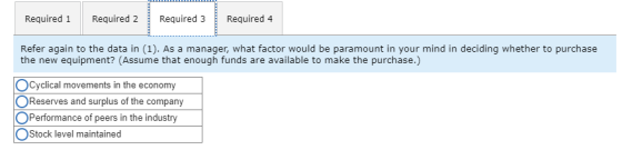 Required 1 Required 2Required 3Required 4 Refer again to the data in (1). As a manager, what factor would be paramount in your mind in deciding whether to purchase the new equipment? (Assume that enough funds are available to make the purchase.) Cyclical movements in the economy OReserves and surplus of the company OPerformance of peers in the industry OStock level maintained