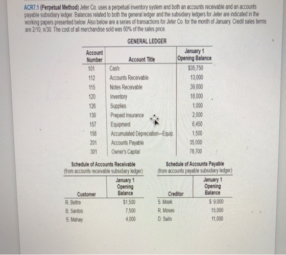 18,000 ACR7.1 (Perpetual Method) Jeter Co. uses a perpetual inventory system and both an accounts receivable and an accounts