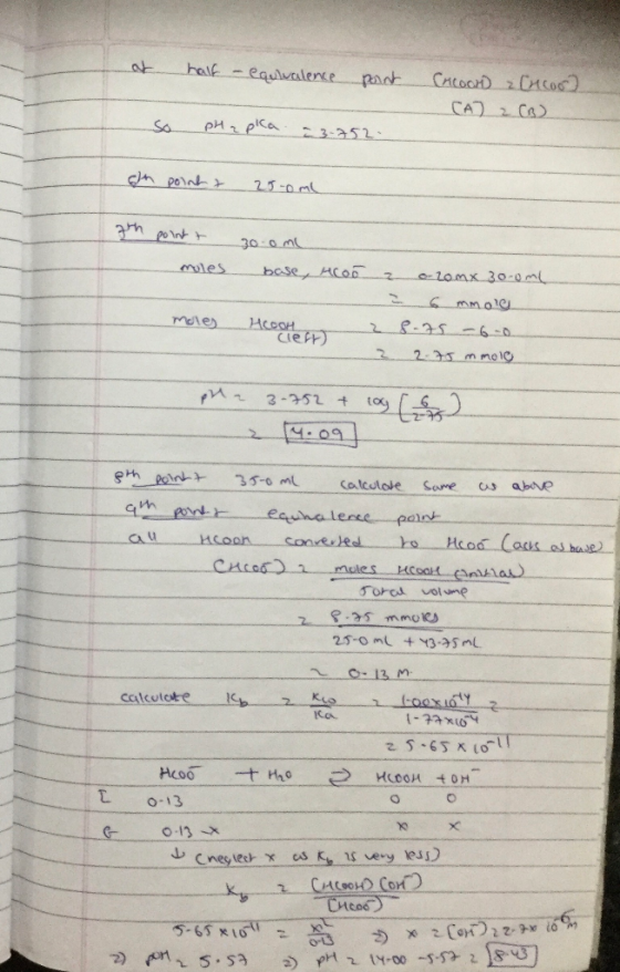 at half - equivalence point (acoor CA Cncool 2 (B) so pH a pica 3-752. on point 2500 ml en point 200 ml moles moles base, 4co