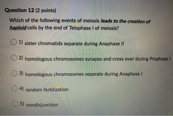 Question 12 (2 points) Which of the following events of meiosis leads to the creation of haploid cells by the end of Telophas