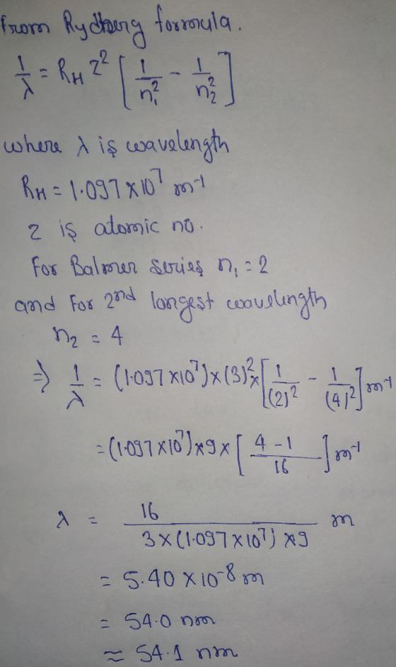 from Rydberg formula. 1 1 = R4 2² n? ni where A is wavelength Rn = 1.037 807 ml 2 iş atomic no. for Balmer series n = 2 and F