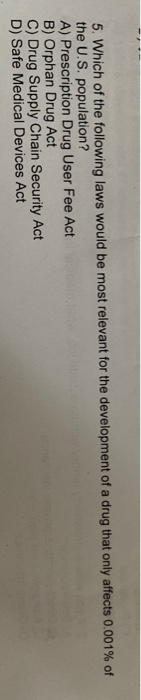 5. Which of the following laws would be most relevant for the development of a drug that only affects 0.001% of the U.S. popu
