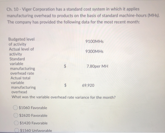 Ch. 10 - Viger Corporation has a standard cost system in which it applies manufacturing overhead to products on the basis of
