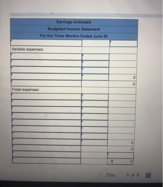 Earrings Unlimited Budgeted Income Statement For the Three Months Ended June 30 Variable expenses: Fixed expenses: $ < Prev 1