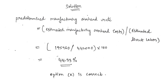 solution predetermined manufacturing overhead vinte =(estimated manfacturing overhead Costs)/(Estimated direct labos) = ( 195
