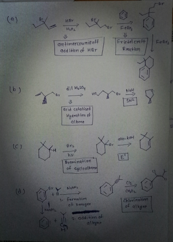 HBr C FeBr antimarcownitaff ddd iHon of Her Friedel craeBY Reaction SN2 acid catolised Hadratien of alkene alco. koH LC ) 072 hv of cycl Dalkq NqNH2 . forma tien Chlering ion of alkjnt ot bengne NaNHL alkyne