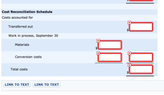 Cost Reconciliation Schedule Costs accounted for Transferred out Work in process, September 30 Materials Conversion costs Tot