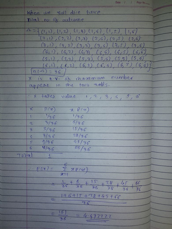 Dote / / Page No hen we oll dice twce Teal nos outcorne バ appeat in the teuo si 2 /26 36 713s S 36 ,,ノっ 3 6 4:472222