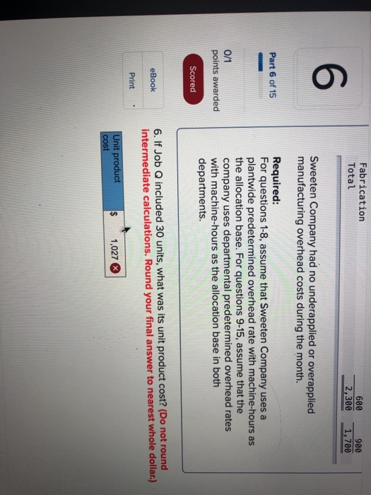 Fabrication Total 900 600 2,300 1,700 6 Sweeten Company had no underapplied or overapplied manufacturing overhead costs durin