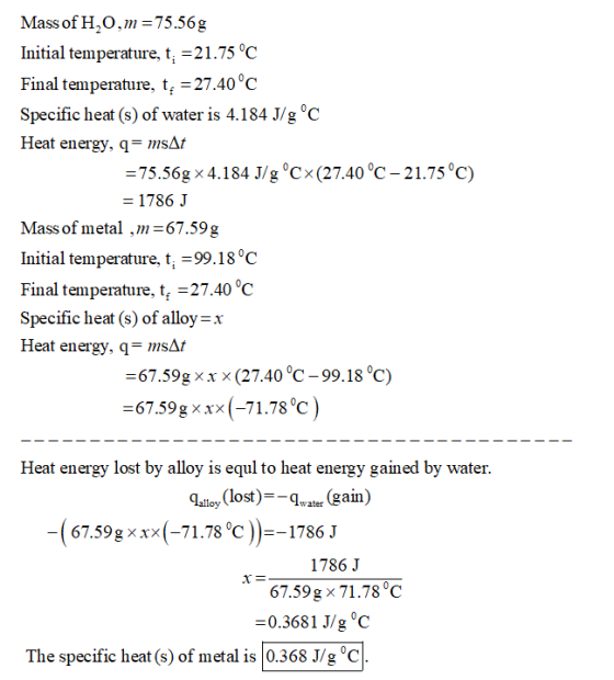 Mass of H,0,m=75.56g Initial temperature, t; = 21.75 °C Final temperature, t. = 27.40°C Specific heat (s) of water is 4.184 J