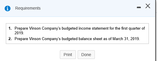 * Requirements 1. Prepare Vinson Companys budgeted income statement for the first quarter of 2019. 2. Prepare Vinson Company