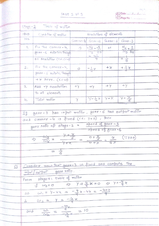Date:--de Page No Revohulions Pelemenls No. +1 刀evolution (+.e.cr») 5 to all elements Totol mon gear 3 has iput on, 8cax -G has output molon Then spee ear -3 うー ャr and combute the outbut Foom stage-1 table molron