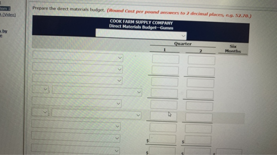 Prepare the direct materials budget. (Round Cost per pound answers to 2 decimal places, e.g. 52.70.) lem 1 (Video) COOK FARM