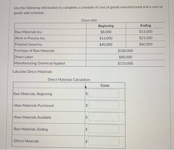 Use the following information to complete a schedule of cost of goods manufactured and a cost of goods sold schedule: Given I