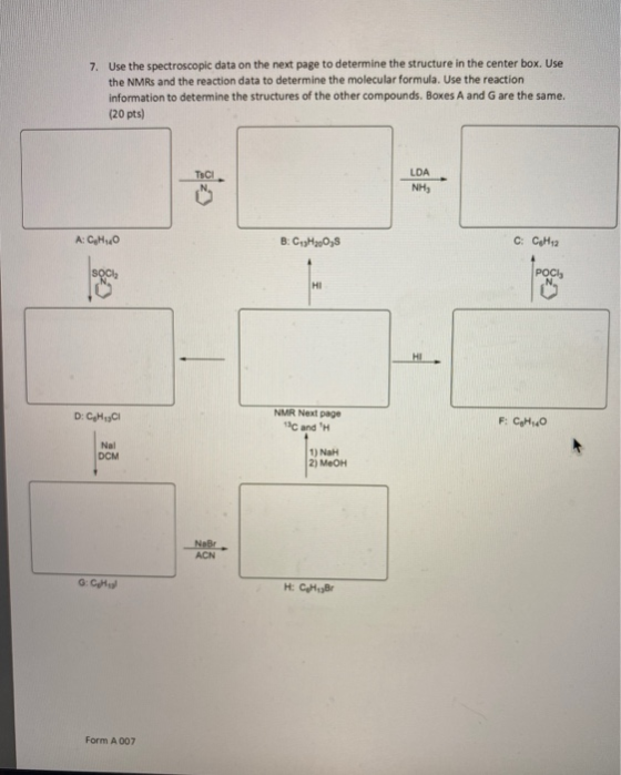 7. Use the spectroscopic data on the next page to determine the structure in the center box. Use the NMRs and the reaction da