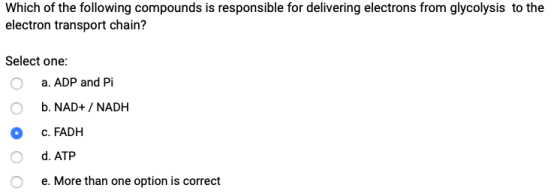 Which of the following compounds is responsible for delivering electrons from glycolysis to the electron transport chain? Sel