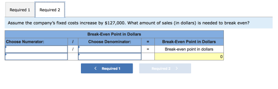 Required 1 Required 2 Assume the companys fixed costs increase by $127,000. What amount of sales (in dollars) is needed to b