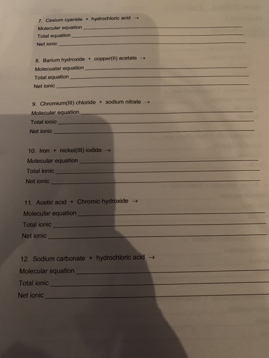 → 7. Cesium cyanide + hydrochloric acid Molecular equation Total equation Net ionic → 8. Barium hydroxide + copper(ii) acetat