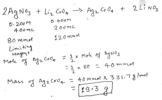 2 AgNO3 + Liz Cioa - Aqz croq + 2 Li NO₂ 0. 200m 0.6oom - 400mL 200mL 80 mmol 120mmol Limiting Mole of Agz croq z 1 x Mole of