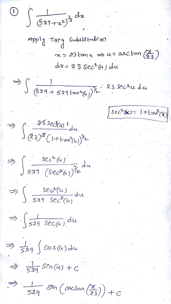S Saltimento das Apply Tsp.g substitution x=2 tanu. u= archana dx=23 sec²(u) da > 2 :23 secauda (529 + 529 tanpc,) secak? Itt