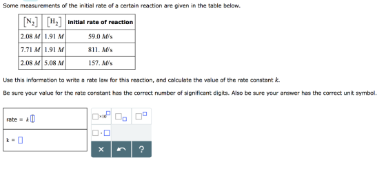 Some measurements of the initial rate of a certain reaction are given in the table below. [N2] [ 2.08 M 1.91 M 7.71 M 1.91 M 2.08 M 5.08 M H2initial rate of reaction 59.0 MIs 811. M/s 157. M/s Use this information to write a rate law for this reaction, and calculate the value of the rate constant k. Be sure your value for the rate constant has the correct number of significant digits. Also be sure your answer has the correct unit symbol. ratek