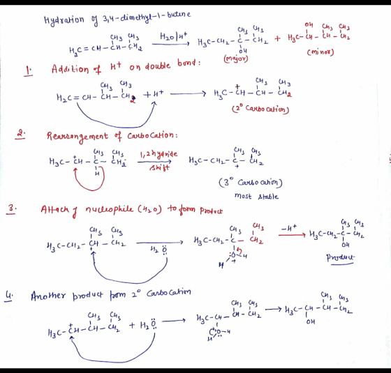 on Chis CH3 Hydration og 3,4-dimethyl-1- butine Heach-C C 3 -1201, H2C-CH2-ċ-CH2 + H2c-cy - łu - H20t . Addition of Ht on d