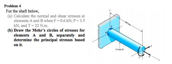 Problem 4 For the shaft below, (a) Calculate the normal and shear stresses at elements A and B when F = 0.6 kN, P=3.5 KN, and