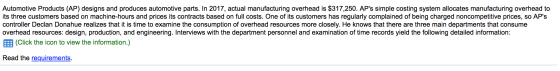Automotive Products (AP) designs and produces automotive parts. In 2017, actual manufacturing overhead is $317,250. APs simp