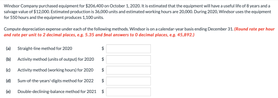 Windsor Company purchased equipment for $206,400 on October 1, 2020. It is estimated that the equipment will have a useful li