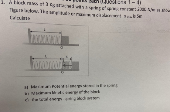 1. A block mass of 3 Kg attached with a spring of spring constant 2000 N/m as show uestions 1-4) Figure below. The amplitude