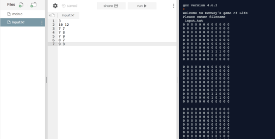 Files g main.c Dinput.txt saved share gcc version 4.6.3 run input.txt Welcome to Conways game of Life Please enter filename