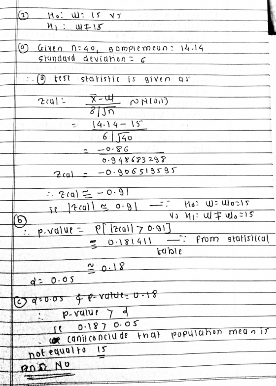 2 :. ( eststaistic is given a Cd , p.alu I2cull 7 o.9 ev ot equalto S