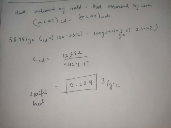 Heat enheard by meld hat absorbed by wala (mcat) col = (MCAT) wat 58.953g (cd ( 100-25°c) = 100gx 4.1847 XC 25-22) 1255.2 Ccd