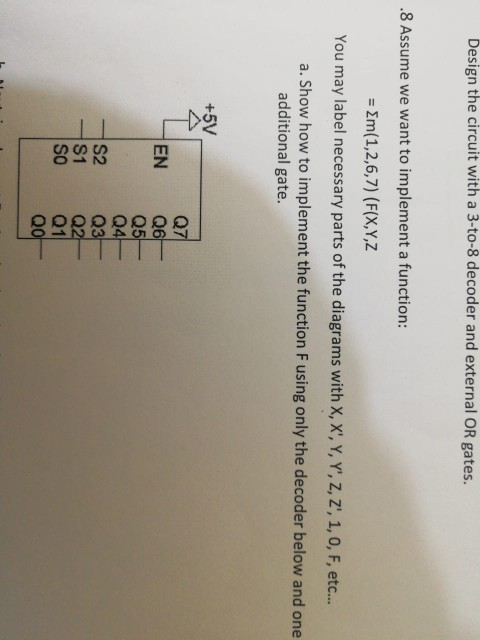 Design the circuit with a 3-to-8 decoder and external OR gates. 8 Assume we want to implement a function: =Zm(1,2,6,7) (F(X,Y,Z You may label necessary parts of the diagrams with x, X, Y, Y, Z, Z, 1,0, F, etc.. a. Show how to implement the function F using only the decoder below and one additional gate. +5V Q7 EN Q6 Q5 Q4 Q악 Q1 SO