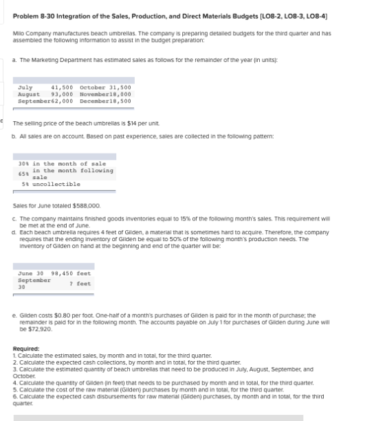 Problem 8-30 Integration of the Sales, Production, and Direct Materials Budgets [LO8-2, LO8-3, L08-4] Milo Company manufactur