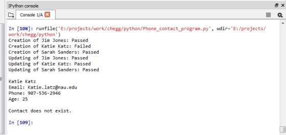 IPython console | Console 1/4困 | [108] : work/HomeworkLib/python) Creation of Jim Jones: Passed Creation of Katie Katz: Failed Cre